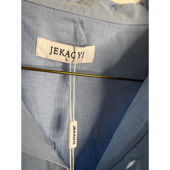 JEKAOYI Linen Blend Short Sleeve Button Down Pocket Shirt Men's Large Blue - Picture 3 of 8